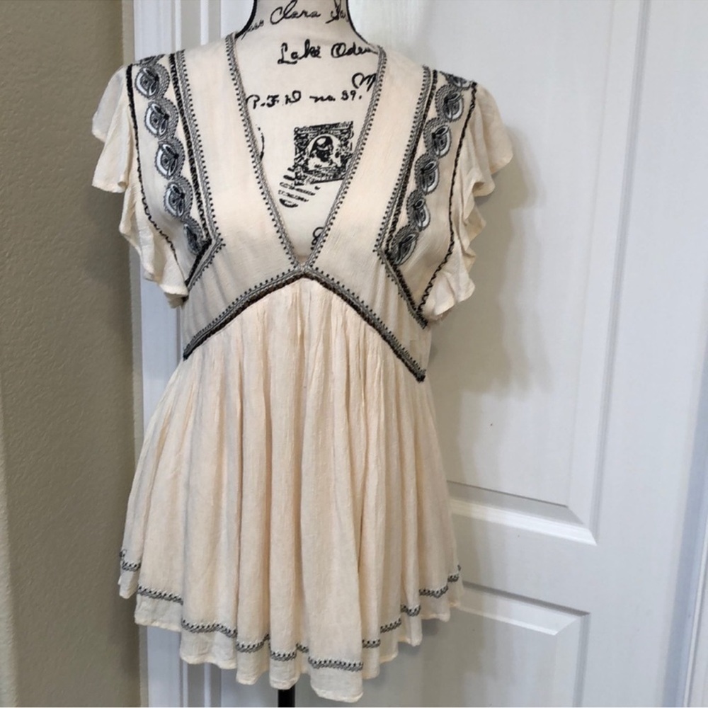 Urban Outfitters Ivory Blouse with Black Embroidery